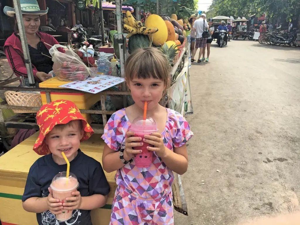 Banana and dragonfruit and pineapple shakes in Siem Reap
