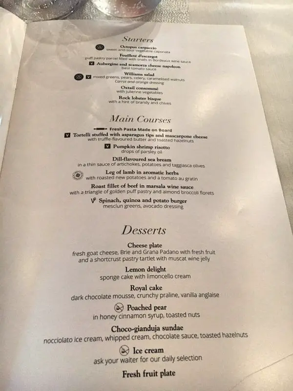 The menu from MSC Seaview restaurants